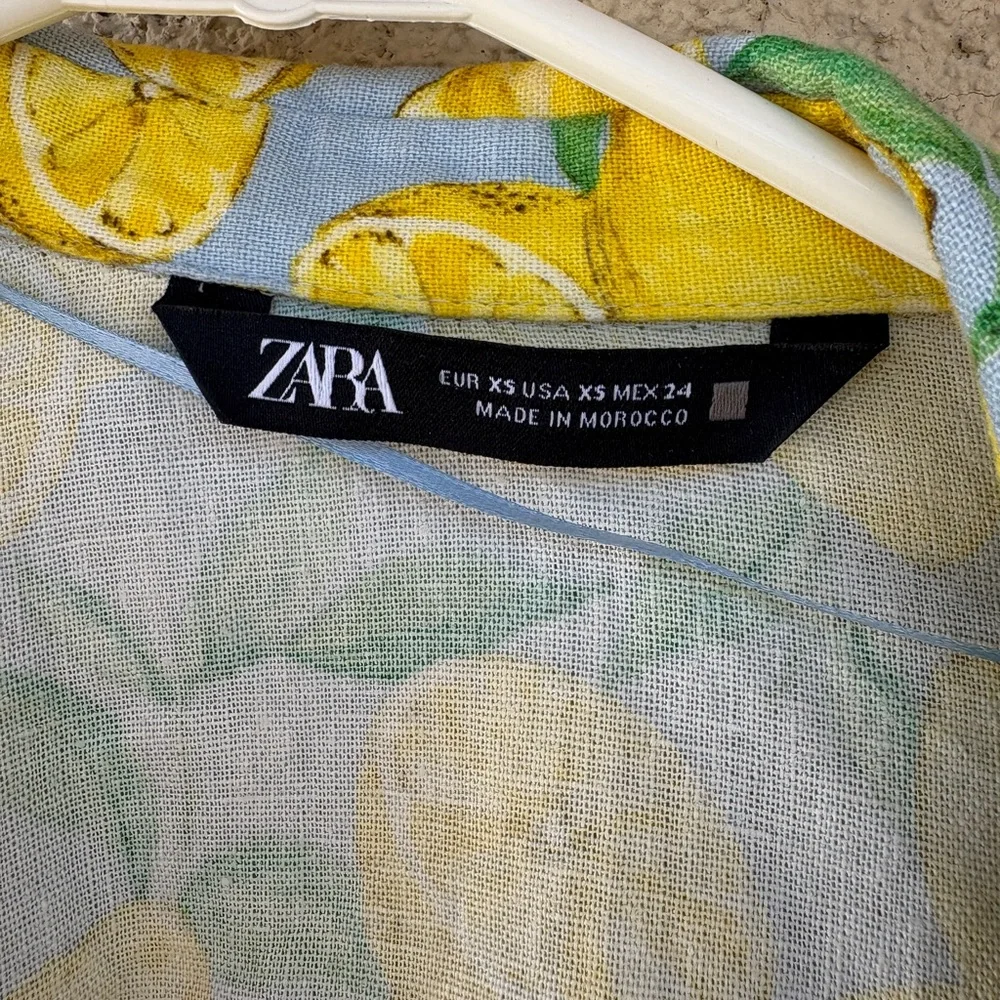 Zara Linen Yellow Lemon-Print Open Front Blouse XS - Picture 2 of 3